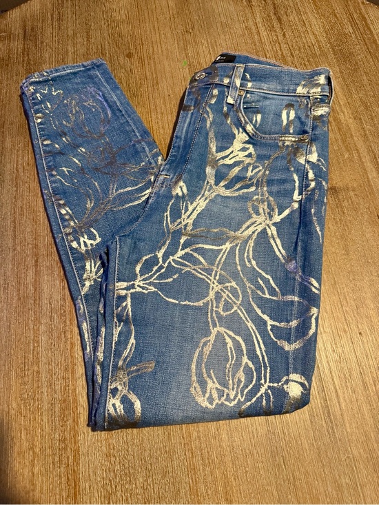 7 For All Mankind Denim - 7 For All Mankind Blue Skinny Jeans with Metallic Floral Print